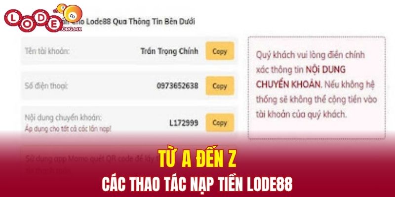 Từ A đến Z các thao tác nạp tiền LODE88