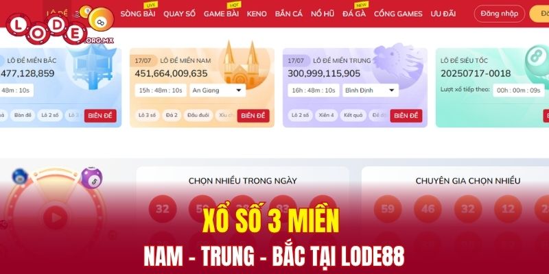 Xổ số 3 miền Nam - Trung - Bắc tại Lode88